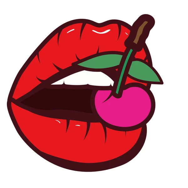 Ciliegie di frutta fresca con bocca sexy di donna stile pop art — Vettoriale Stock