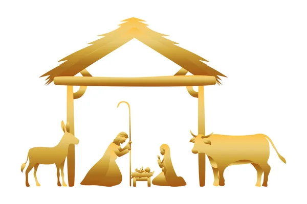 Familia santa de oro en establo con animales pesebre — Vector de stock