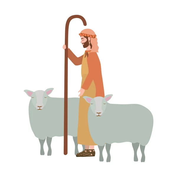 Santo Joseph con personajes de pesebre de ovejas — Vector de stock