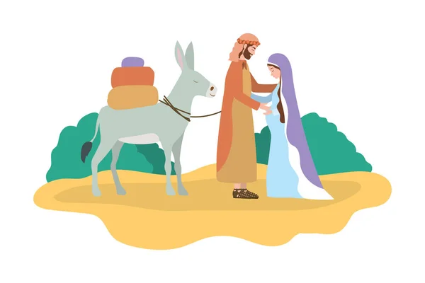 在骡子马槽里的圣徒乔斯和玛丽处男 — 图库矢量图片