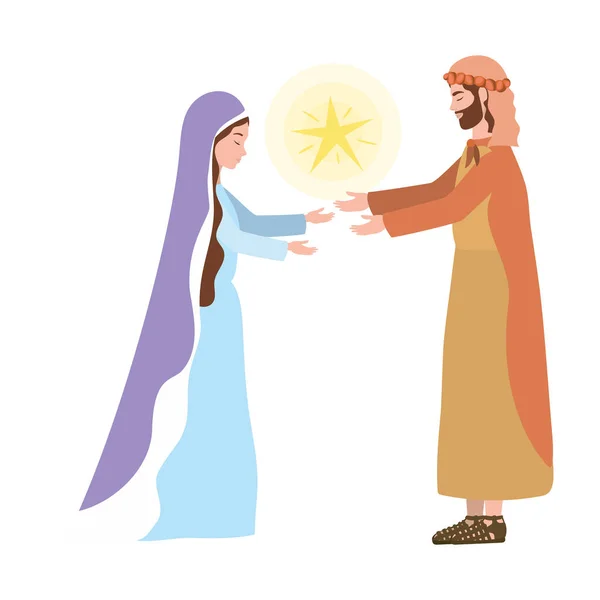 Santo Joseph y Mary Virgen y personajes estrella pesebre — Vector de stock