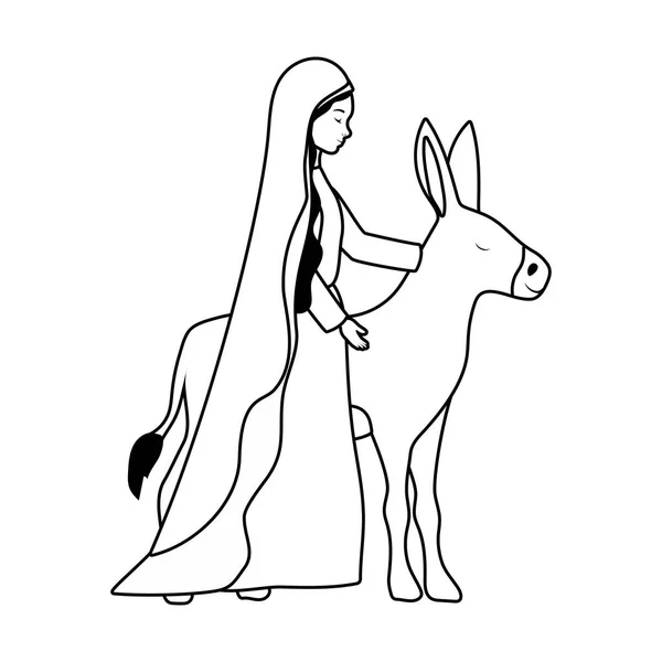 Mary virgen con mule pesebre caracteres — Vector de stock