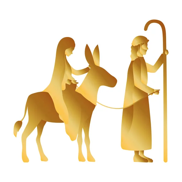 Oro jojalá y Mary virgen en mula pesebre caracteres — Vector de stock