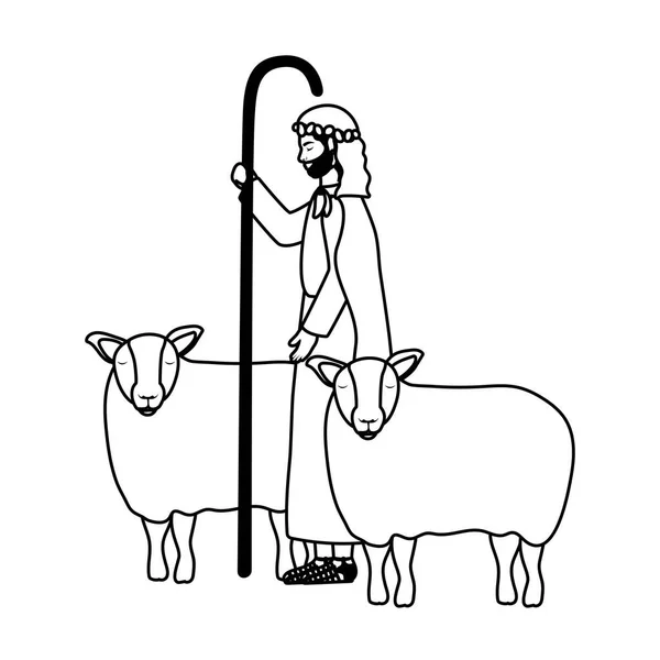 Santo Joseph con personajes de pesebre de ovejas — Vector de stock