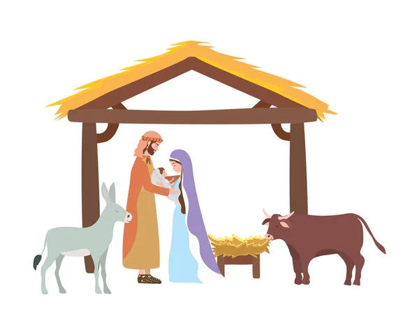 Lindo santo familia y animales en estable pesebre caracteres — Vector de stock