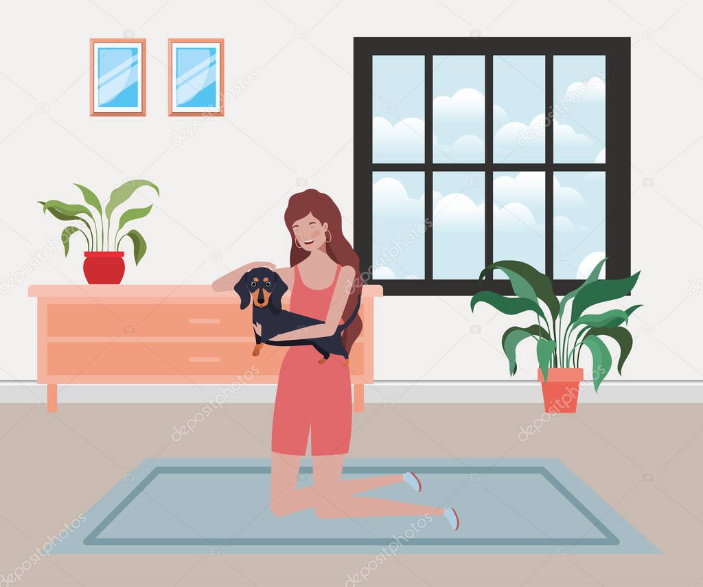 young woman with cute dog in the house room