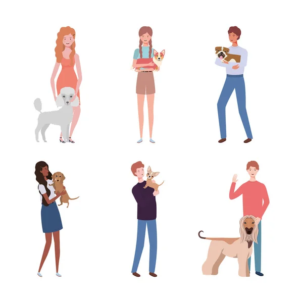 Jovens com cães bonitos mascotes personagens — Vetor de Stock