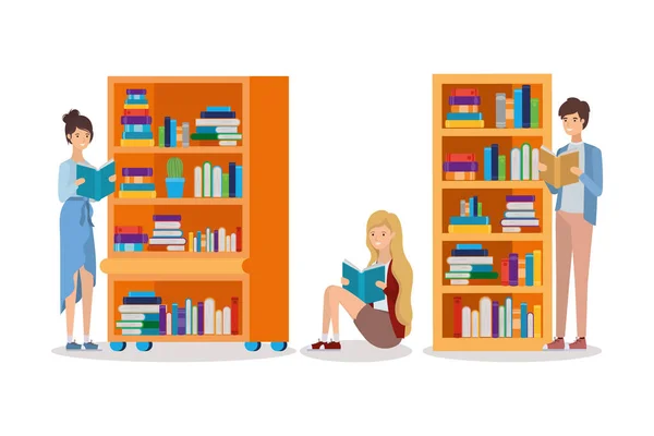 Hallgatók csoportja könyveket olvas a könyvtárban — Stock Vector