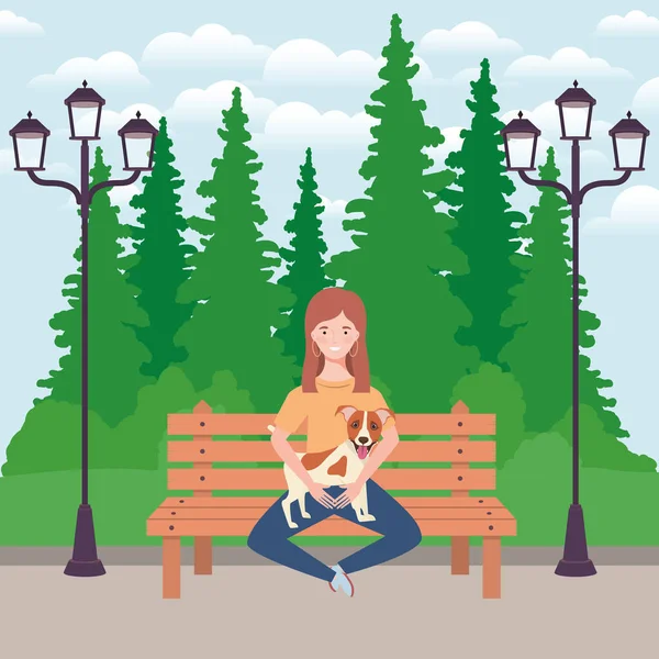 公園でかわいい犬を持ち上げる若い女性 — ストックベクタ