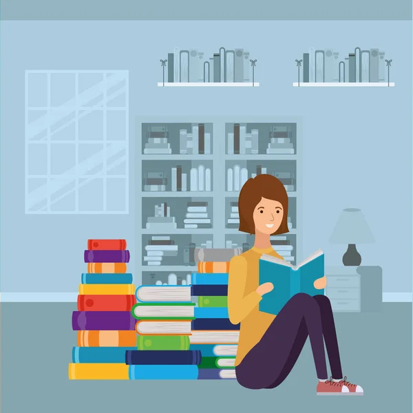 Donna studente lettura libro personaggio — Vettoriale Stock