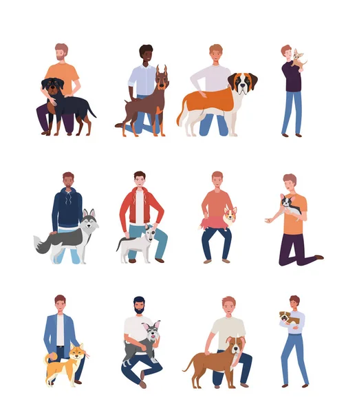 प्यारे कुत्तों के साथ युवा पुरुषों मास्कॉट अक्षर — स्टॉक वेक्टर