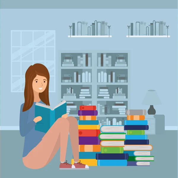 Nő diák olvasás könyv karakter — Stock Vector
