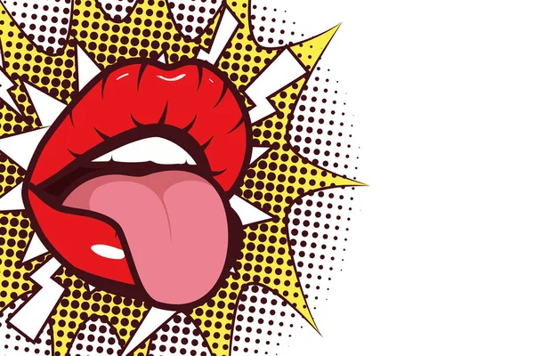 Femme sexy bouche avec la langue et éclaboussure style pop art expression — Image vectorielle