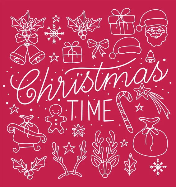 Χαρούμενη χριστουγεννιάτικη κάρτα με καλλιγραφία γραμματοσειρά και εικονίδια σετ — Διανυσματικό Αρχείο