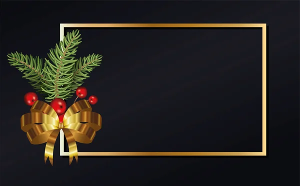 Веселі різдвяні листки з вишнями і в'язанням у золотій рамці — стоковий вектор