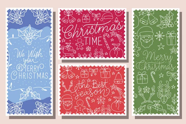 Paquete de tarjetas de Navidad feliz con caligrafía e iconos — Vector de stock