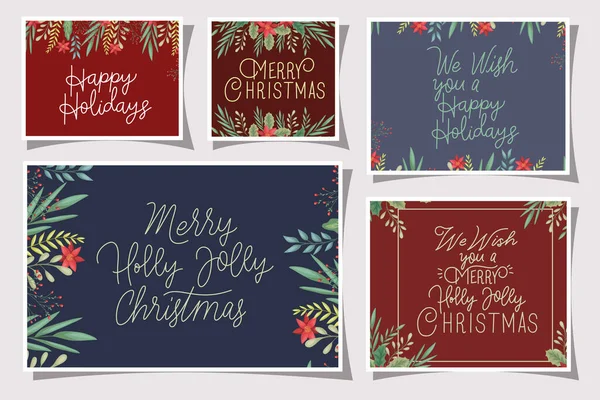 Paquet de carte de Noël joyeux avec calligraphie et décoration florale — Image vectorielle
