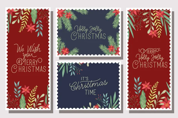 Paquet de carte de Noël joyeux avec calligraphie et décoration florale — Image vectorielle