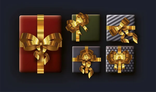 Vrolijke kerstkaart met geschenken en gouden linten — Stockvector