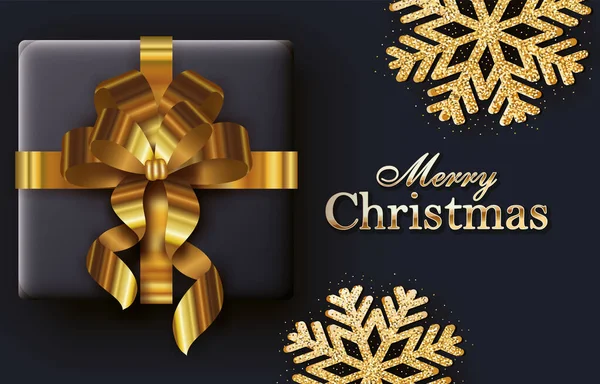 Feliz tarjeta de caligrafía de Navidad con regalo y cinta de oro — Vector de stock