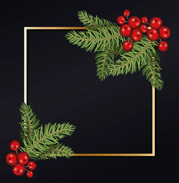 Веселі різдвяні листки з вишнями в золотій рамці — стоковий вектор