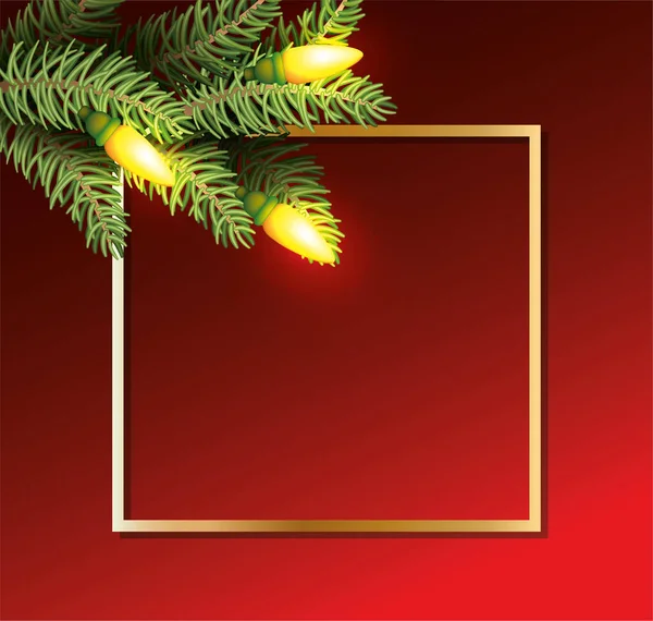 Veselé vánoční listy s žárovkami světla ve zlatém rámu — Stockový vektor