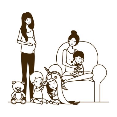 oturma odasında küçük bebekler ile sevimli gebelik anneler