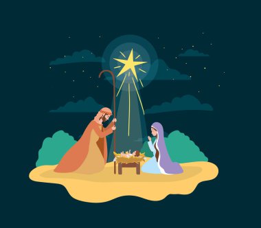 Saman beşiği ahır karakterlerinde İsa 'nın olduğu sevimli kutsal aile.