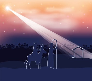 saint joseph and mary virgin in mule manger silhouette clipart
