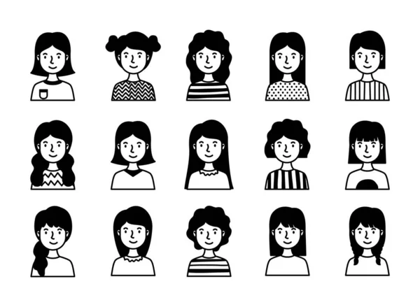 Grupo de mulheres avatares caracteres estilo de linha — Vetor de Stock