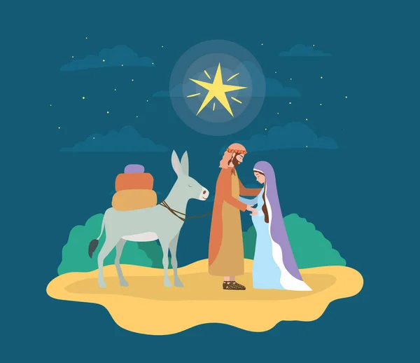 Santo Joseph y María virgen en mula pesebre caracteres — Vector de stock