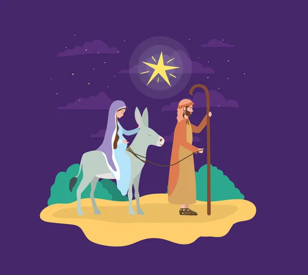 Heilige Josef en Maria maagd in muilezel kribbe personages — Stockvector