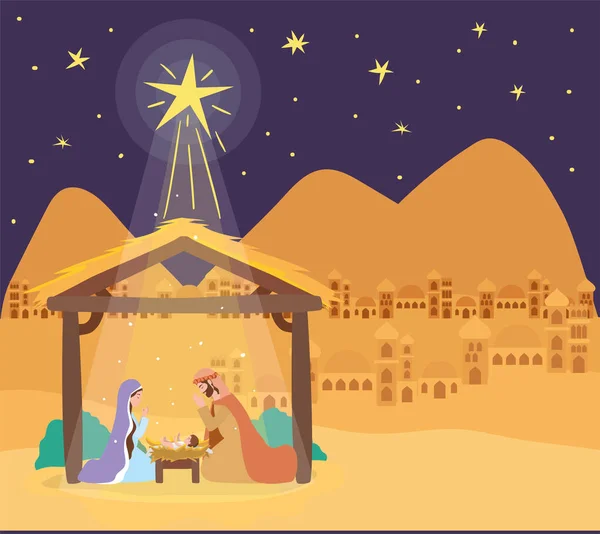 Linda familia santa en estable pesebre caracteres — Vector de stock