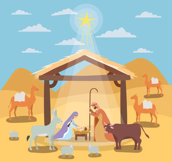Família santa bonito no estábulo com animais personagens manjedoura —  Vetores de Stock