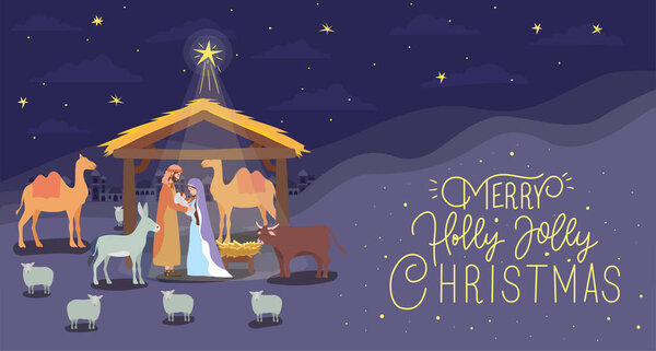 святой Иосиф и Мария Дева в муле и стабильной сцене
