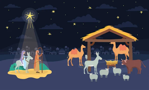 Święty Józef i Maria dziewica w mule i stabilna scena — Wektor stockowy