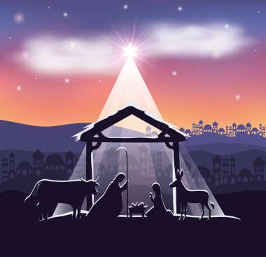 cute holy family and animals in stable manger characters clipart