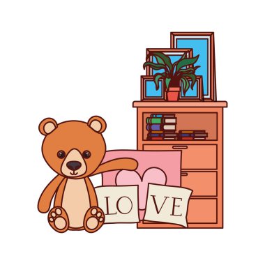 sevimli ayı oyuncak aşk yastıkları ve raflar ile doldurulmuş