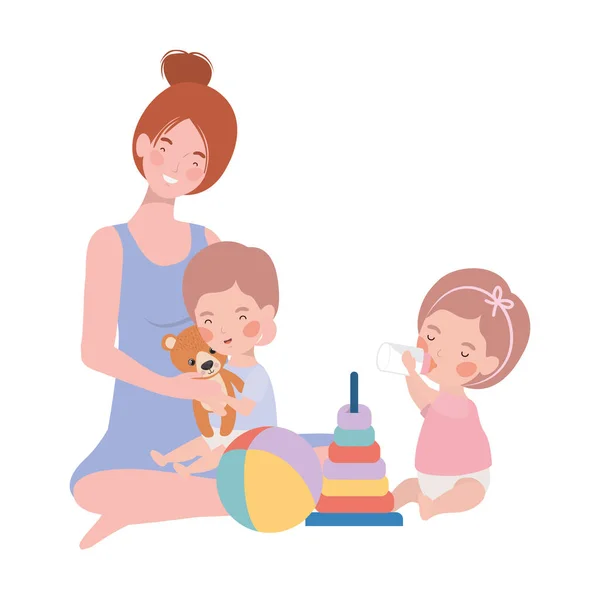 Bonito gravidez mãe com crianças pequenas personagens — Vetor de Stock