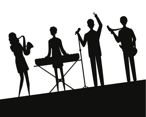 Groep muziek band spelen instrumenten silhouetten — Stockvector