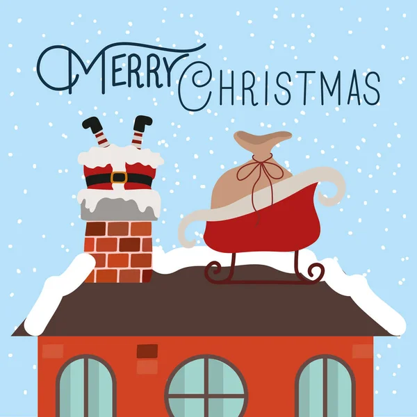 Fröhliche Weihnachtskarte mit Weihnachtsmann im Kamin — Stockvektor