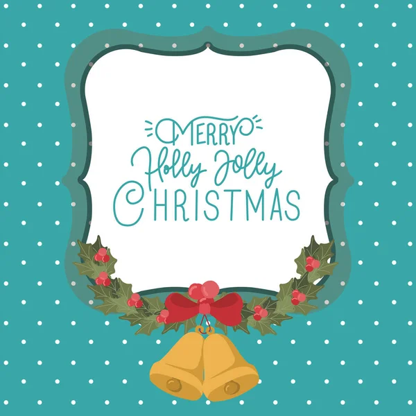 Χαρούμενη χριστουγεννιάτικη κάρτα Mery με καμπάνες και στεφάνι — Διανυσματικό Αρχείο