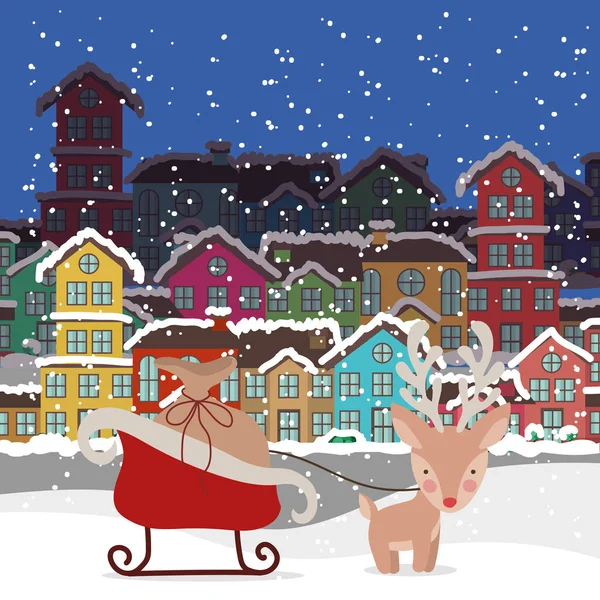 Szczęśliwy mery kartka świąteczna z reniferem i sankami — Wektor stockowy