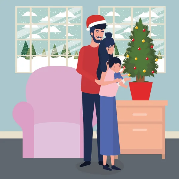 Familienmitglieder mit Tannenbaum-Weihnachtsfeier — Stockvektor