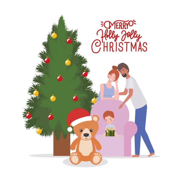 Membros da família com pinheiros celebração de Natal —  Vetores de Stock