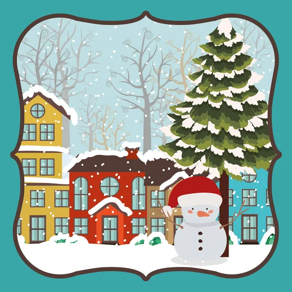 Feliz tarjeta de Navidad feliz con muñeco de nieve — Vector de stock