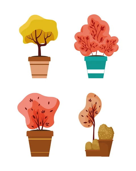 Autumn plants in ceramic pots icons — Stock Vector