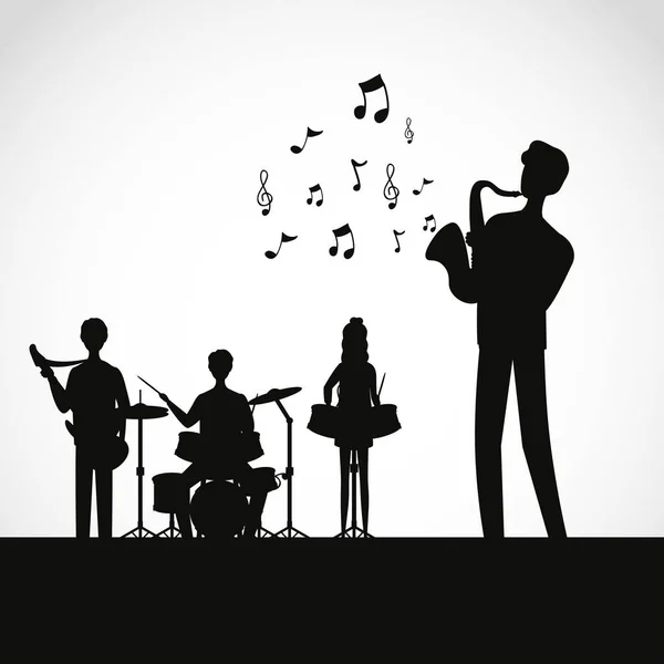 Grupo banda de música tocando instrumentos siluetas — Vector de stock