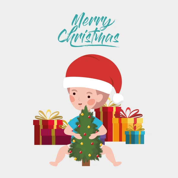 Menino com pinheiros e presentes celebração de Natal —  Vetores de Stock