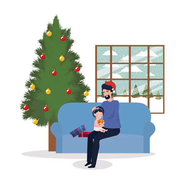 पाइन वृक्ष ख्रिसमस उत्सव वडील आणि मुलगी — स्टॉक व्हेक्टर